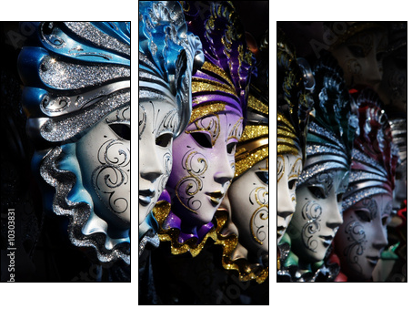 Row of venetian masks in gold and blue - Three-piece canvas print, Triptych