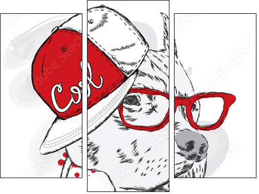 Pitbull in cap and headphones. Dog vector. Cool dog. - Three-piece canvas print, Triptych