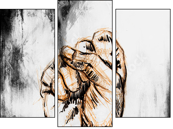 fist drawing, pencil sketch on paper, Color effect. - Three-piece canvas print, Triptych