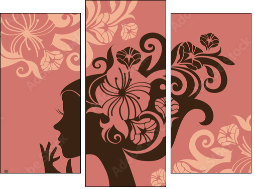 Beautiful woman silhouette with a flowers - Three-piece canvas print, Triptych
