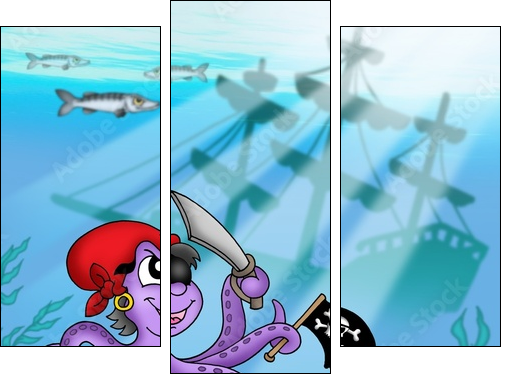 Pirate octopus near ship underwater - Three-piece canvas print, Triptych