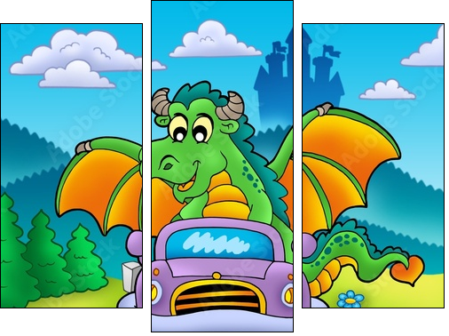 Green dragon driving car - Three-piece canvas print, Triptych
