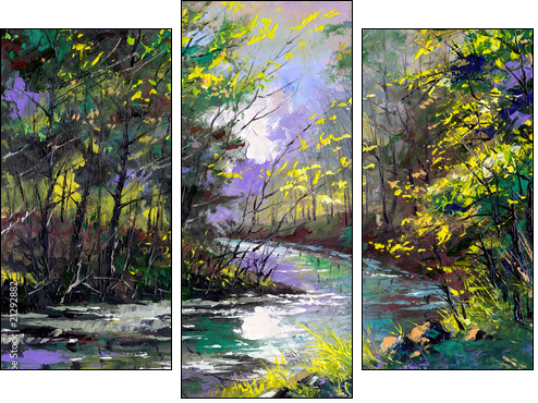 Autumn landscape with the wood river - Three-piece canvas print, Triptych