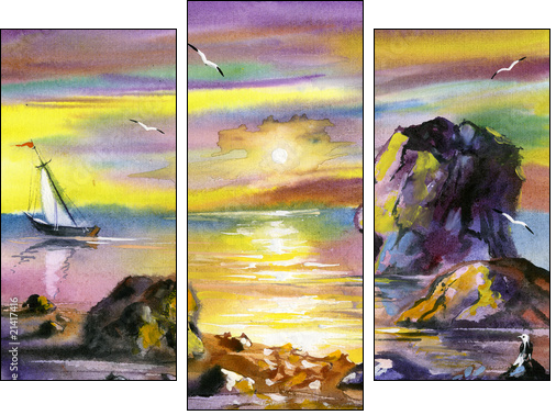 Sea water colour landscape - Three-piece canvas print, Triptych