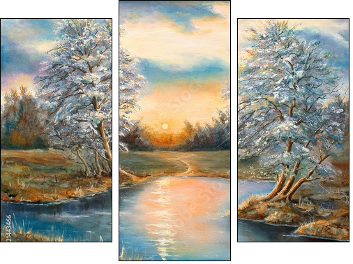 Sunset on the bank of the river - Three-piece canvas print, Triptych