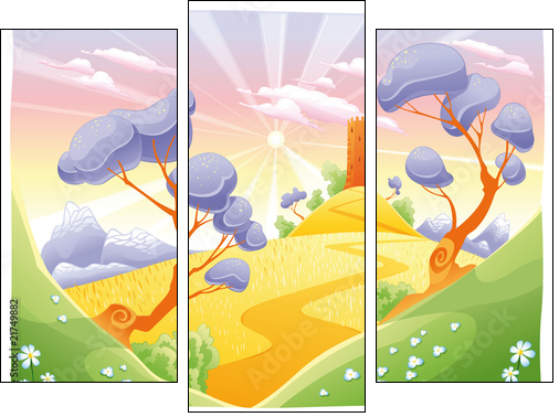 Landscape with tower. Funny cartoon and vector illustration. - Three-piece canvas print, Triptych