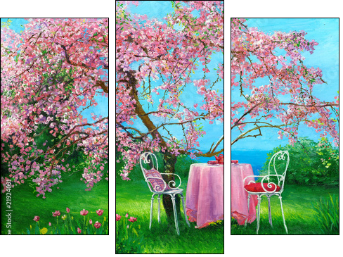 Blossoming plum in a spring garden - Three-piece canvas print, Triptych