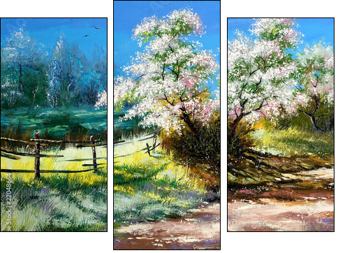Blossoming bush on rural surburb - Three-piece canvas print, Triptych