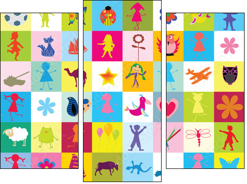 Pattern with toys and kids for kindergarten - Three-piece canvas print, Triptych