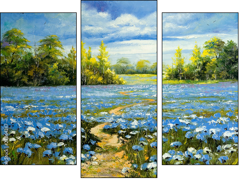 Road through a field with blossoming cornflowers - Three-piece canvas print, Triptych