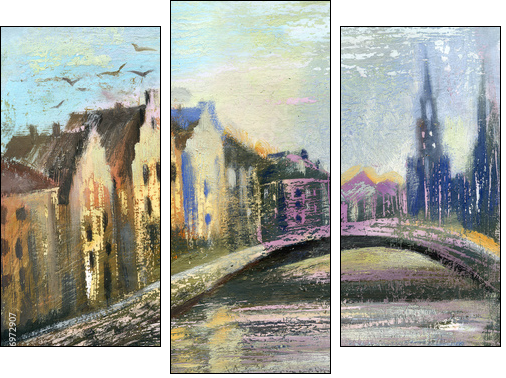 The bridge in an old city - Three-piece canvas print, Triptych