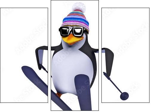 3d Penguin skiing like a pro - Three-piece canvas print, Triptych