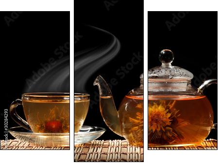 Glass teapot and a cup of green tea on a black background - Three-piece canvas print, Triptych