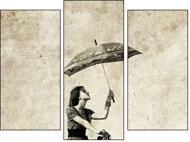 Girl with umbrella on bike. Photo in old image style. - Three-piece canvas print, Triptych