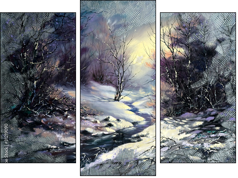 Landscape with winter wood small river - Three-piece canvas print, Triptych