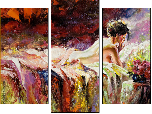 The naked girl laying on a bed - Three-piece canvas print, Triptych