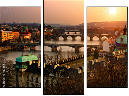 Panoramic view on Charles bridge and sunset Prague lights. - Three-piece canvas print, Triptych