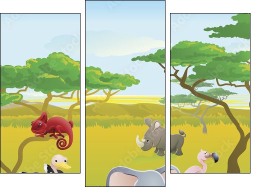 Cute African safari animal cartoon scene - Three-piece canvas print, Triptych