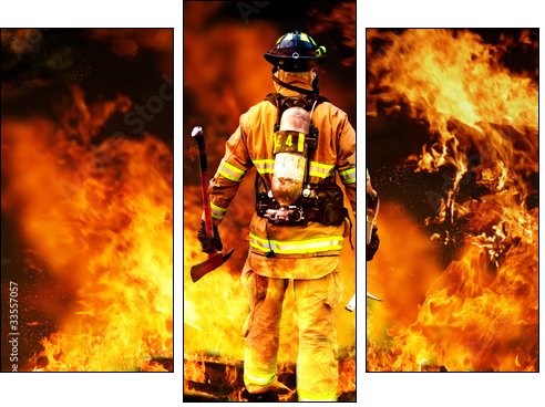 In to the fire, a Firefighter searches for possible survivors - Three-piece canvas print, Triptych
