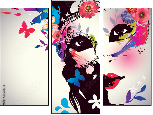 Girl with mask/Vector illustration - Three-piece canvas print, Triptych