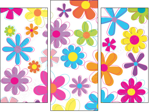 Multicolored retro styled flowers - Three-piece canvas print, Triptych
