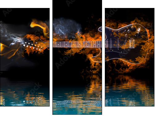 Burning Electric Guitar with reflection in water - Three-piece canvas print, Triptych