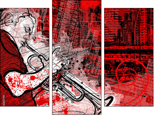 trumpeter on a grunge cityscape background - Three-piece canvas print, Triptych