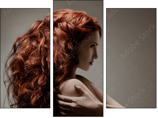Beautiful woman with curly hairstyle against gray background - Three-piece canvas print, Triptych