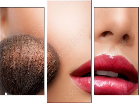 Make-up closeup. Cosmetic Powder Brush. Perfect Skin - Three-piece canvas print, Triptych