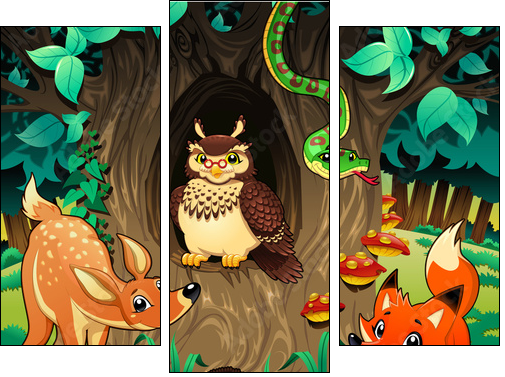 Animals in the wood. Vector illustration. - Three-piece canvas print, Triptych