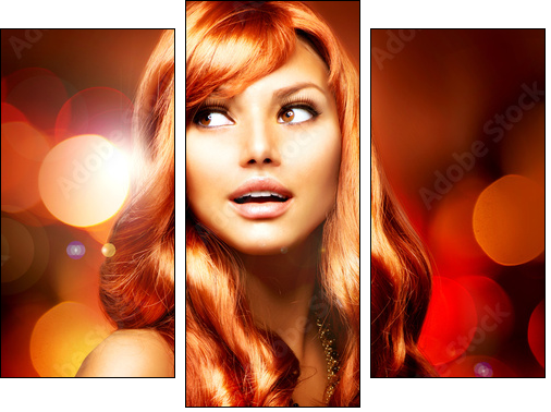 Beautiful Girl With Shiny Red Long Hair over Blinking Background - Three-piece canvas print, Triptych