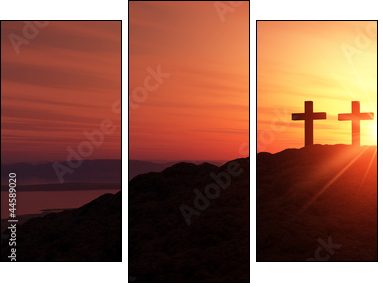 3 Kreuze am HÃ¼gel bei Sonnenuntergang - Three-piece canvas print, Triptych