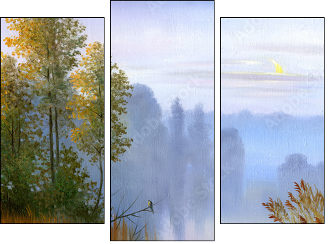 the boat on the bank of the lake, a canvas, oil - Three-piece canvas print, Triptych