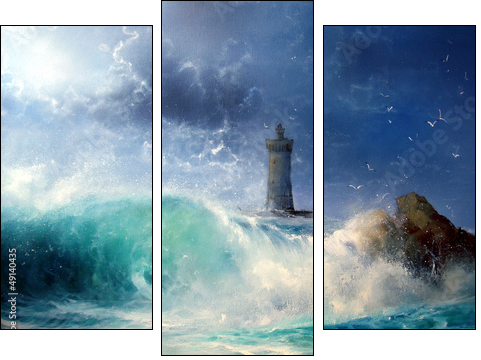 Seascape Wave and lighthouse - Three-piece canvas print, Triptych