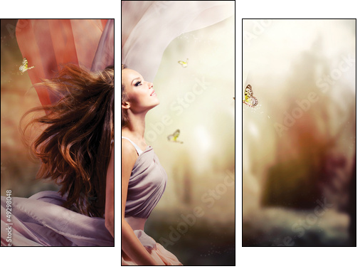 Beautiful Girl in Fantasy Mystical and Magical Spring Garden - Three-piece canvas print, Triptych