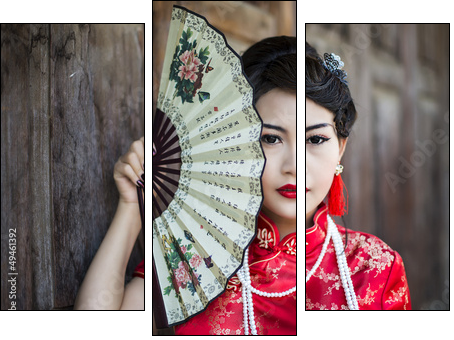 Chinese girl in traditional Chinese cheongsam blessing - Three-piece canvas print, Triptych