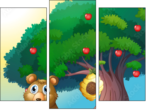 A bear in front of a big apple tree with a beehive - Three-piece canvas print, Triptych