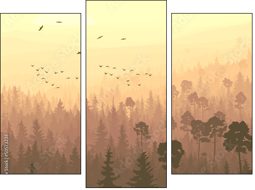 Wild birds in coniferous wood in morning fog. - Three-piece canvas print, Triptych