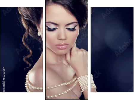 Beautiful woman with a pearl necklace on the bared shoulders - Three-piece canvas print, Triptych