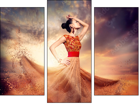 Dancing Fashion Woman wearing Blowing Long Chiffon Dress - Three-piece canvas print, Triptych