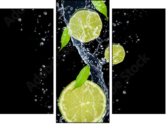 Limes in water splash, isolated on black background - Three-piece canvas print, Triptych