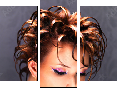 Beautiful woman with fashion  hairstyle and pink makeup - Three-piece canvas print, Triptych