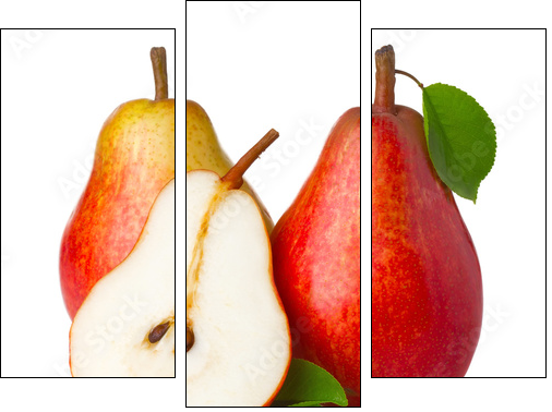 Ripe red pear fruits with green leaves isolated - Three-piece canvas print, Triptych