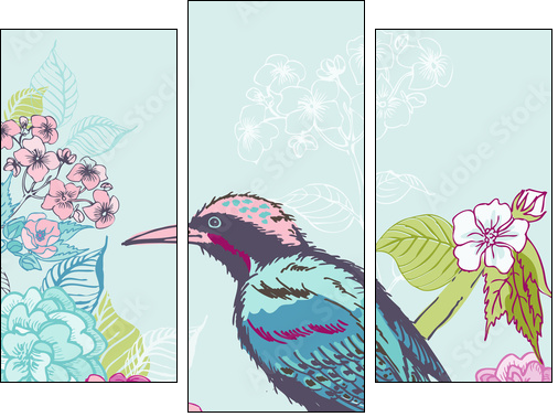 Bird with Flowers Background - for design and scrapbook - in vec - Three-piece canvas print, Triptych