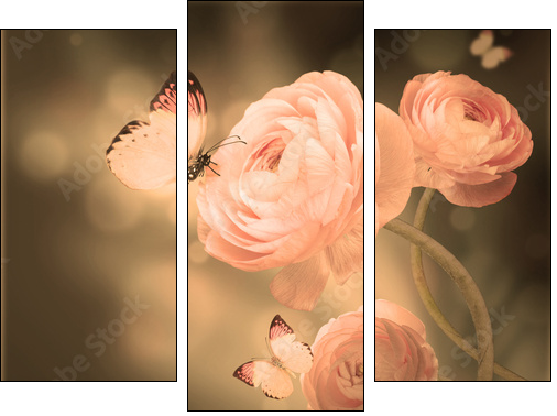 Bouquet of pink roses against a dark background  butterfly - Three-piece canvas print, Triptych