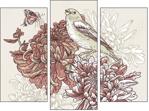 Flowers with bird illustration - Three-piece canvas print, Triptych