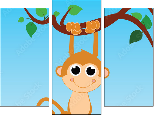 monkey hanging from a tree on abstract sky background - Three-piece canvas print, Triptych