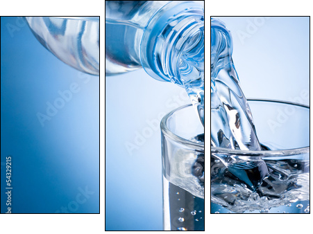 Pouring water from bottle into glass on blue background - Three-piece canvas print, Triptych
