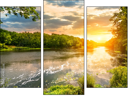 Sunset over the river in the forest - Three-piece canvas print, Triptych