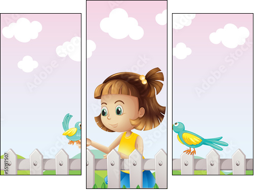 A young girl playing with the birds near the fence - Three-piece canvas print, Triptych